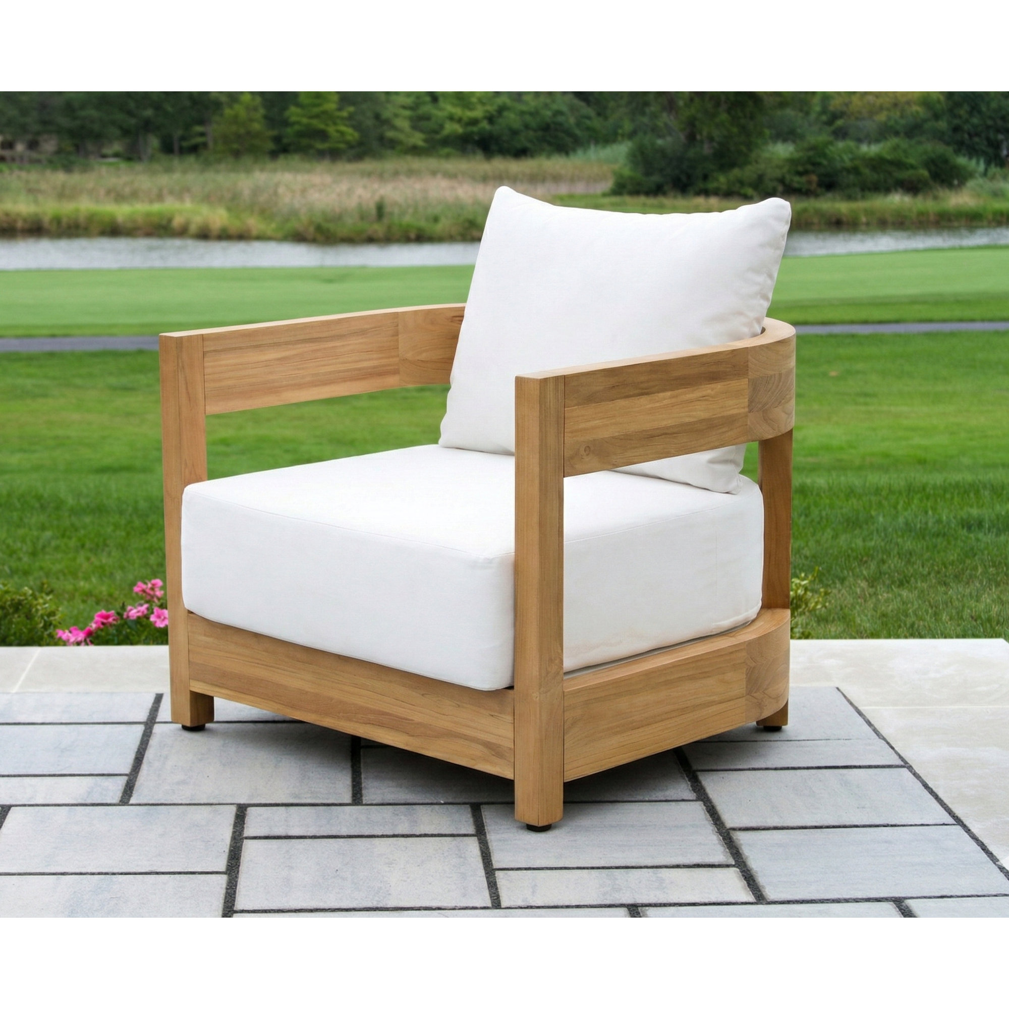 Everlee Solid Teak Curved-Back Patio Club Chair With Sunbrella Cushions, White