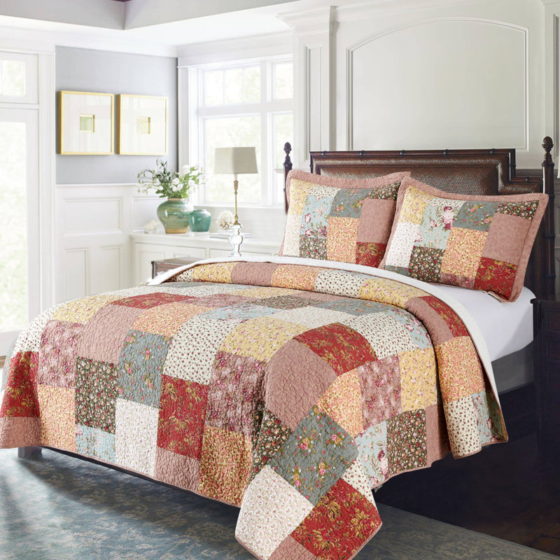 Boho-Royal Garden Reversible Cotton Quilt Set, Queen - Blue