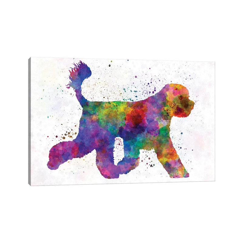 Chien d'eau portugais à l'aquarelle par Paul Rommer - peinture sur toile tendue, H 18 po x l 26 po x P 1,5 po