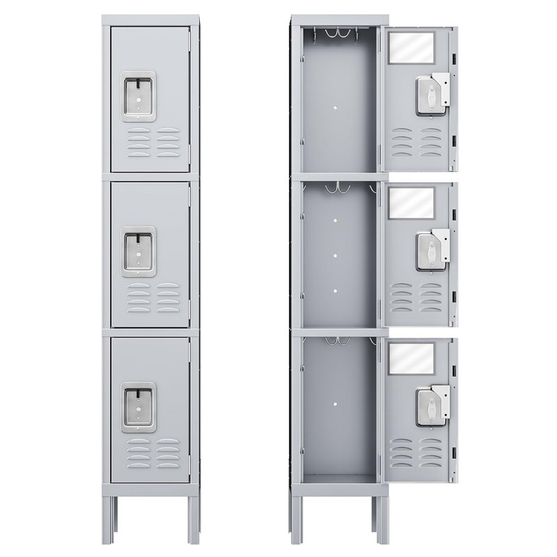 3 - Tier 12" Wide Locker with Hooks and Mirrors, Gray