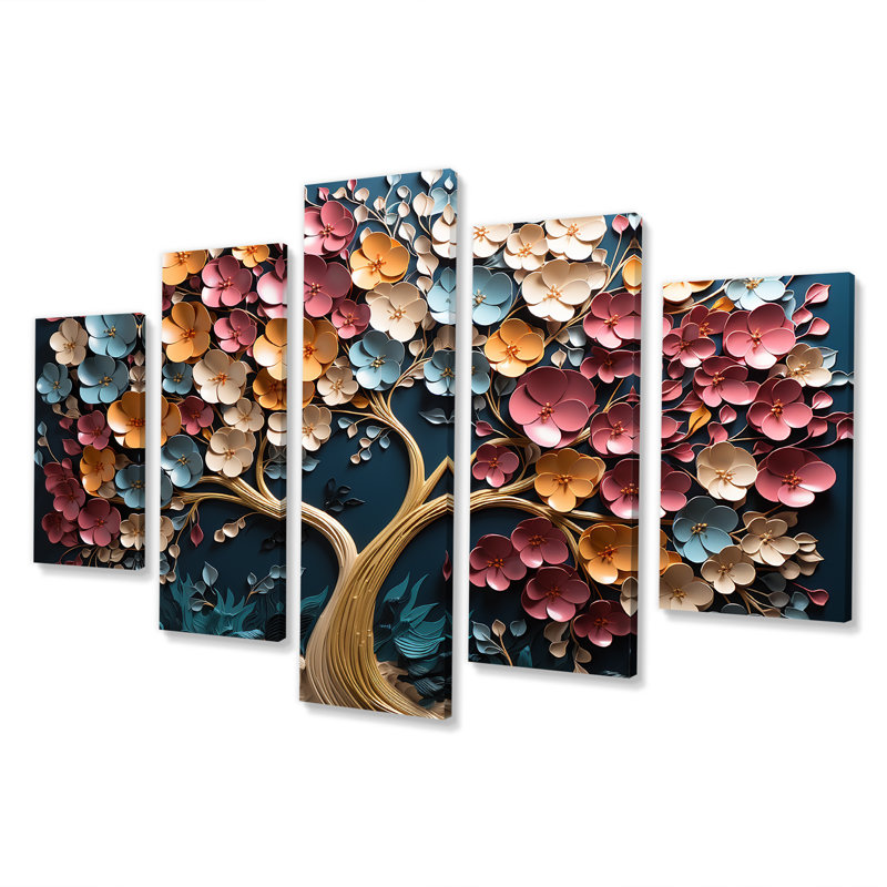 Orchidée dorée colorée, jardin de branches VI - art mural multi-panneaux pour salon