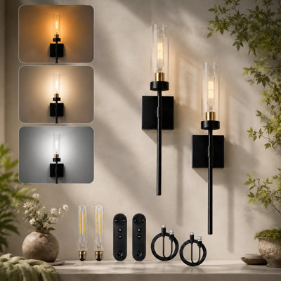 2-Pack Rechargeable Wall Sconces, Battery Operated Dimmable Wall Lamp with Remote Control, Black Wireless Wall Sconce,for Indoor Bedroom, Living Room,Hallway(Bulb Included)