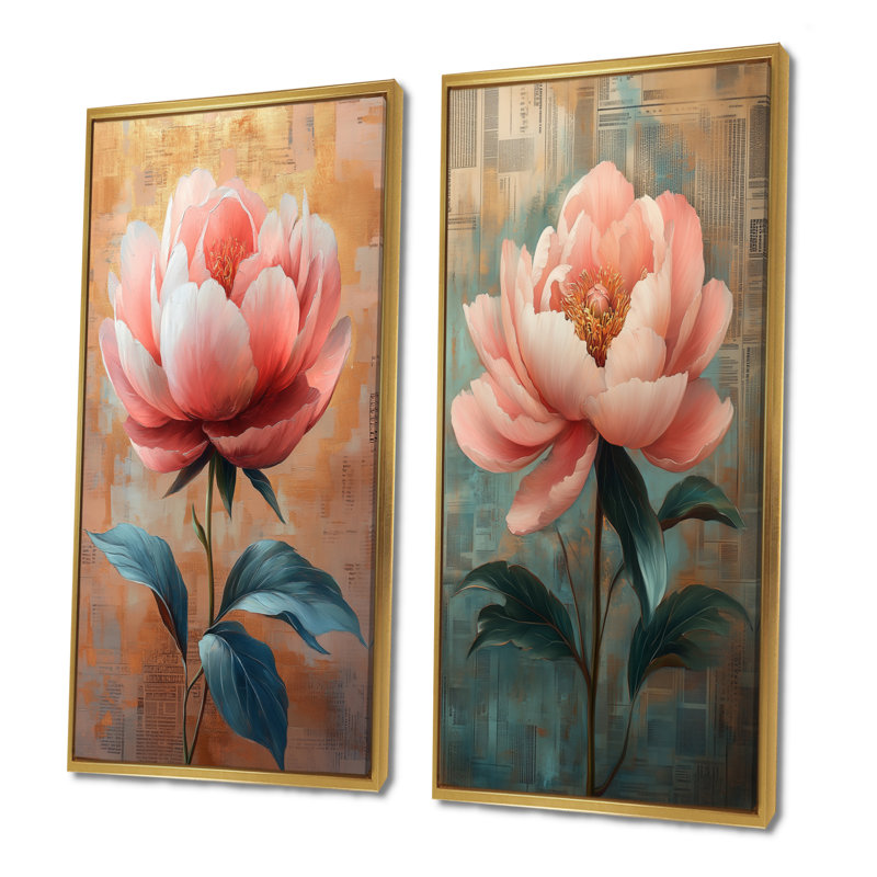  Pivoine Bloom I - ensemble d'art mural pivoine 2 pièces, Cadre flottant doré, H 28 po x l 24 po