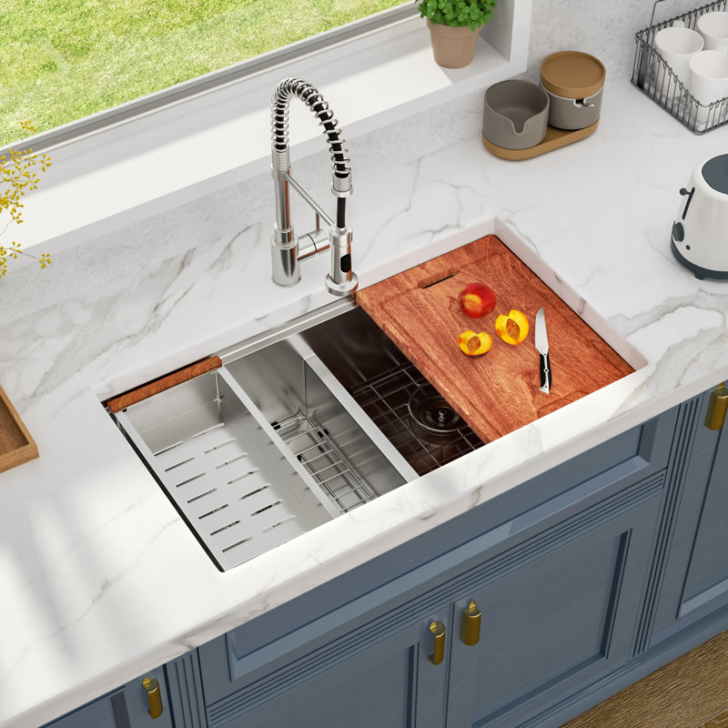 32" L x 19" W Undermount Stainless Steel Kitchen Sink Low Divider Ledge Workstation Single Bowl Sink with Accessories