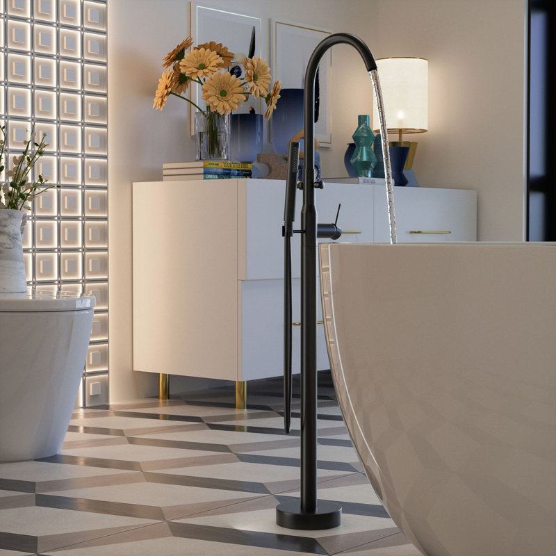 Robinet de baignoire autoportant à fixation au sol avec douche à main, Noir mat