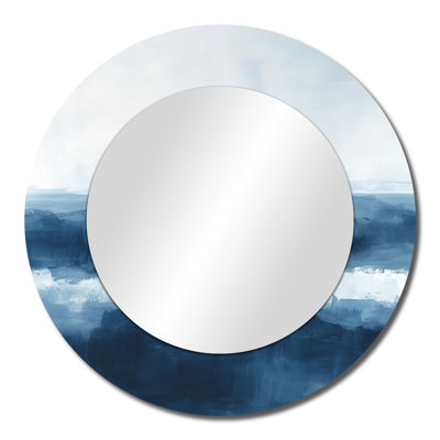 Cool Blue Abstract Horizon – Modern Round Decorative Wall Mirror, Metal Print