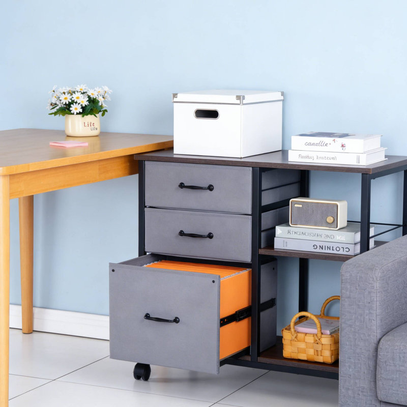 Mobile Metal Storage File Cabinet, 3 Fabric Drawers 2 Open Shelves For Home Office Studio Condo