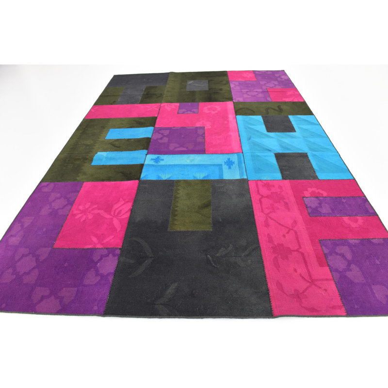 Tapis intérieur en laine rose/vert 7 pi 3 po x 10 pi one-of-kind à la main noué la new age Diredra
