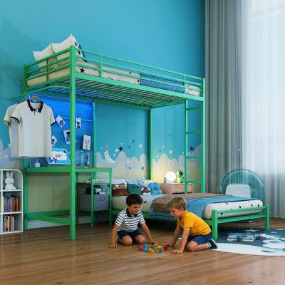 Twin Over Metal Loft Bed With Desk, Drawers And Guardrail, , Space For Guest Rooms Bunk Desk Storage, Bedrooms