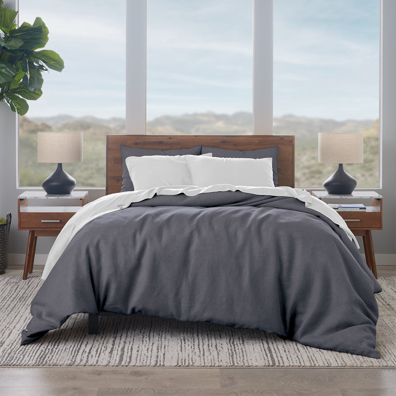  French Linen Cotton 3-Piece Duvet Cover Set, Charcoal, King