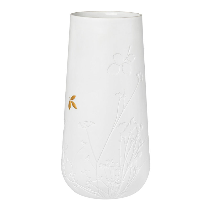 Porcelain Stories Vase With Gold Floating Leaf, 9.8" H x 4.7" W x 4.7" D