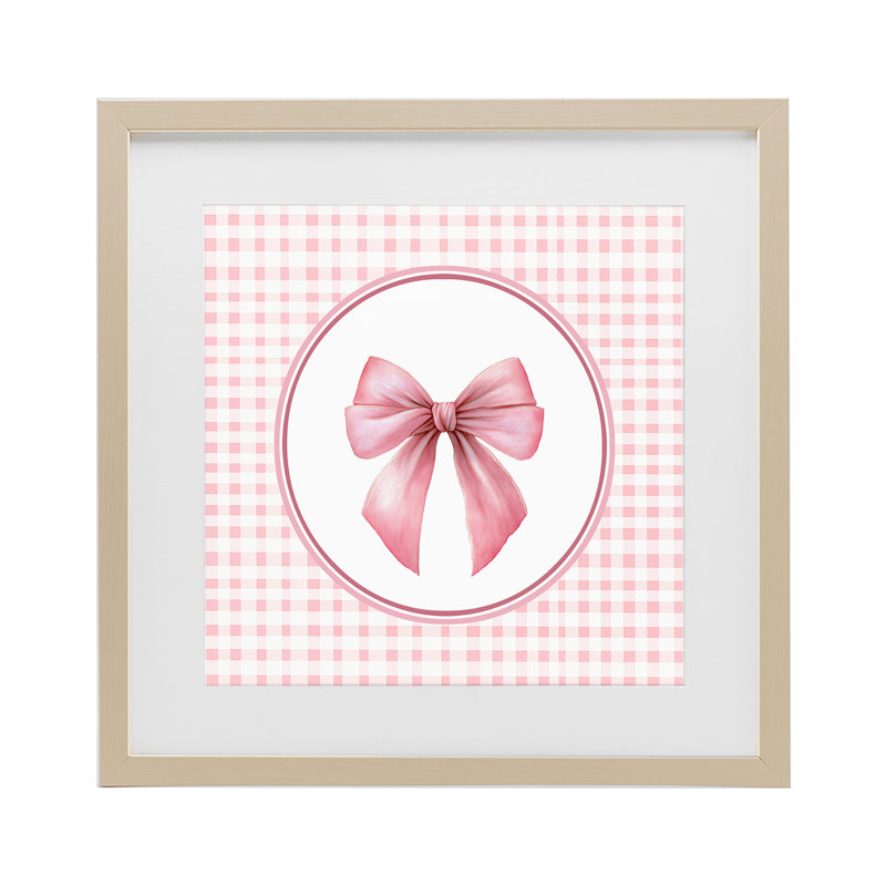 «Pink Bow» avec impression circulaire encadrée de guingan sous verre, design par Christine Simpson Art, H 13 po x l 13 po