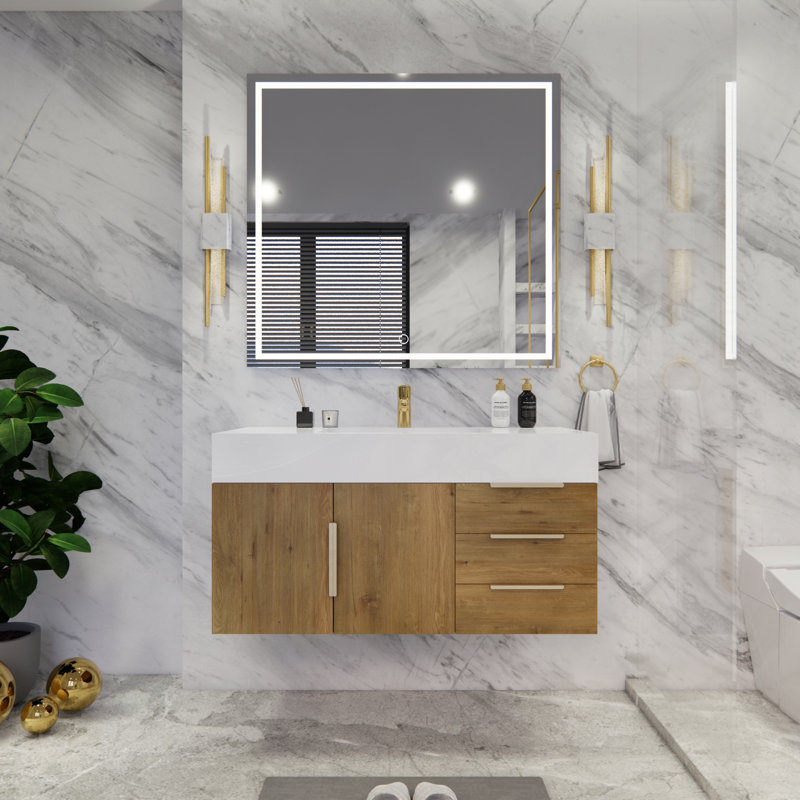 Glasgow 42'' Single Bathroom Vanity with Acrylic Top, Glossy White, Oak