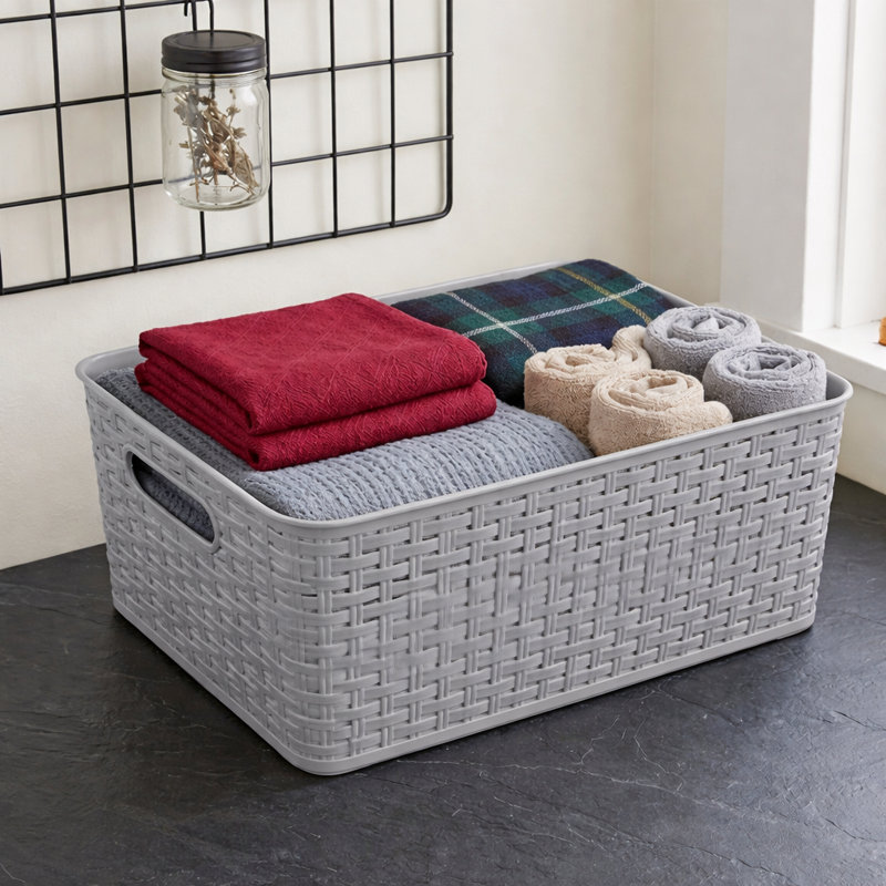 YBM Home Plastic Rattan-Style Storage Basket Organizer, 15.25" H x 10" W x 7.5" D, 6, Gray