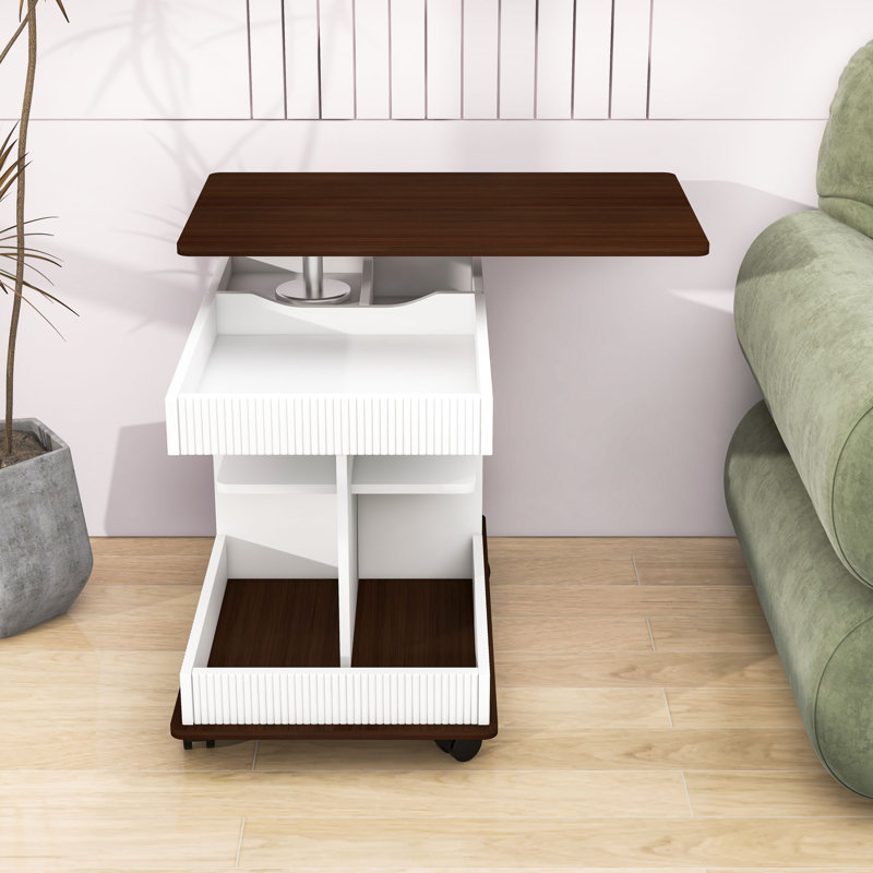 Table d'appoint pour canapé avec plateau relevable et espace de rangement, Blanc / Brun