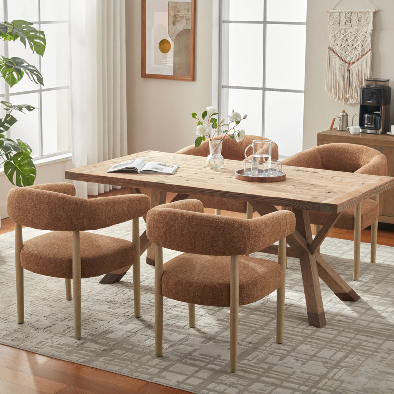 Upholstered Side Dining Armchair With Solid Wood Legs, Orange
