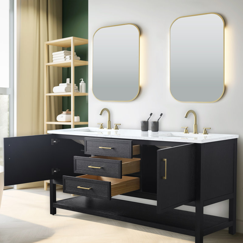 Meuble-lavabo double 72 po avec plateau en pierre reconstituée Stratford, Chêne noir / or brossé