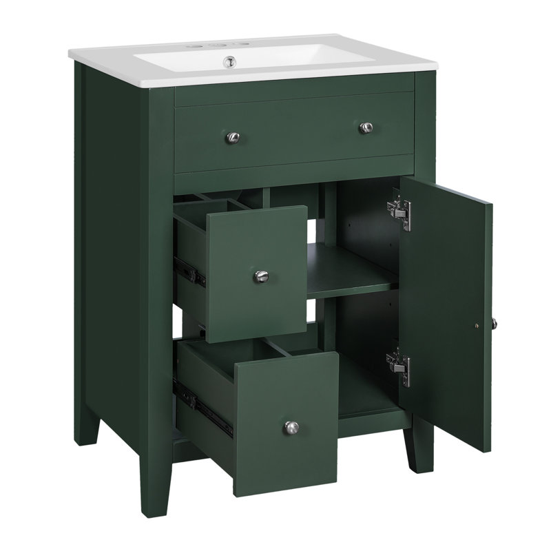 Meuble-lavabo de 24 po avec lavabo en céramique, motif en croix, poignées en métal et rangement spacieux pour les petits tiroirs à fonctions modernes