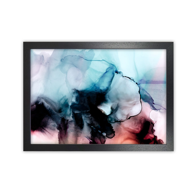 Abstract Watercolour Blue Pink Original - Painting, 59cm H x 84cm W x 3cm D, Black Frame