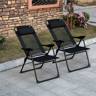 Chaises pliantes pliantes, dossier inclinable réglable, pour le jardin, pelouse, chaises de camping noires de 2, tissu respirant, cour arrière