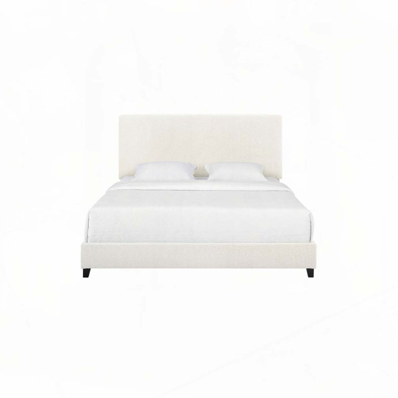 Boucle Upholstered Platform Bed, White, Queen