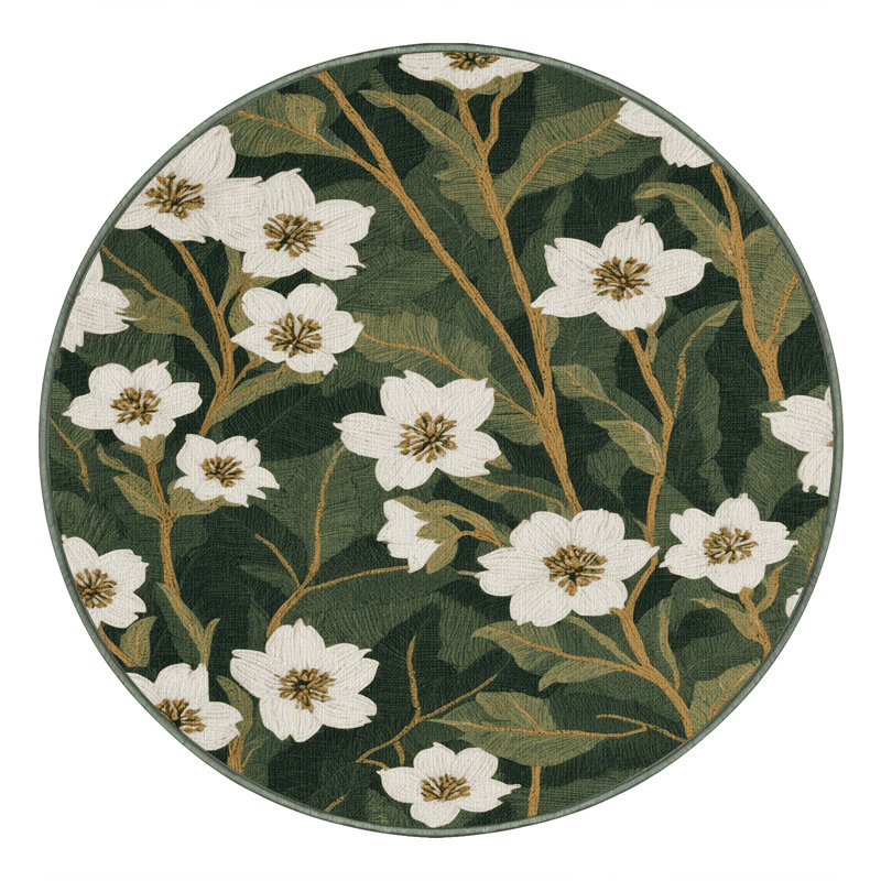 Machine Washable Botanical Green Area Rug, Round 6'