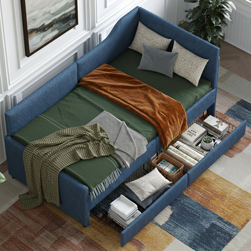 Twin Size L-Shaped Corner Daybed With 2 Drawers - Corduroy Upholstered Bed Frame - Beige, Blue