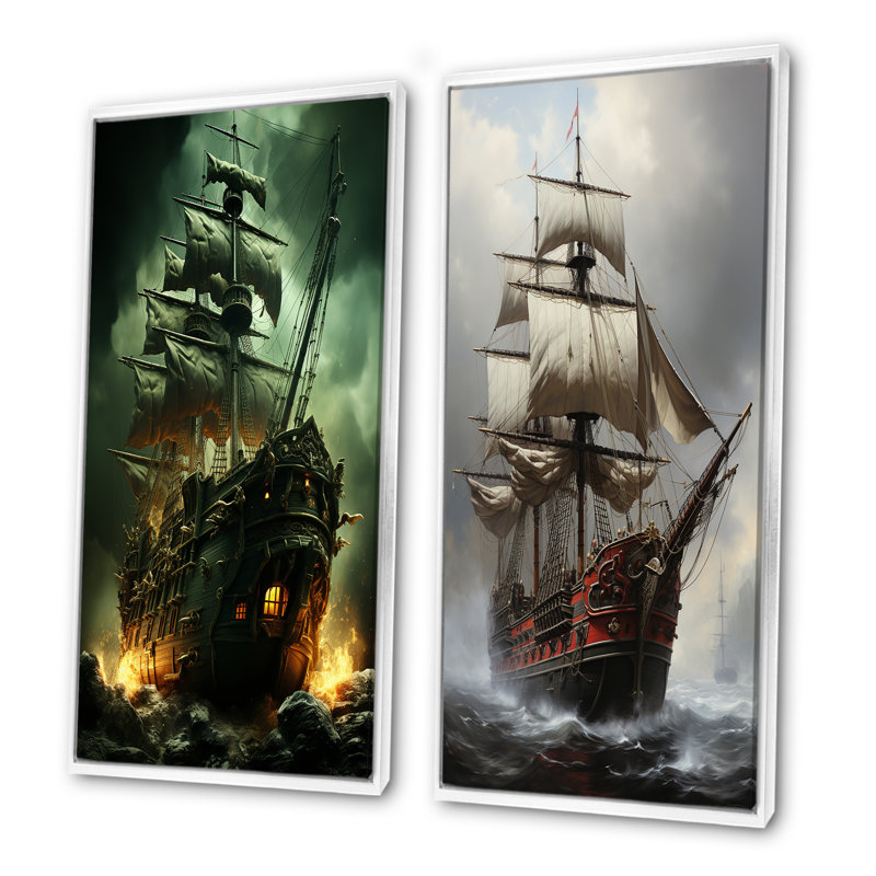 «Pirate Ghost Ship I», ensemble de 2 reproductions d'art sur toile, Cadre flottant blanc, H 32 po x l 33 po