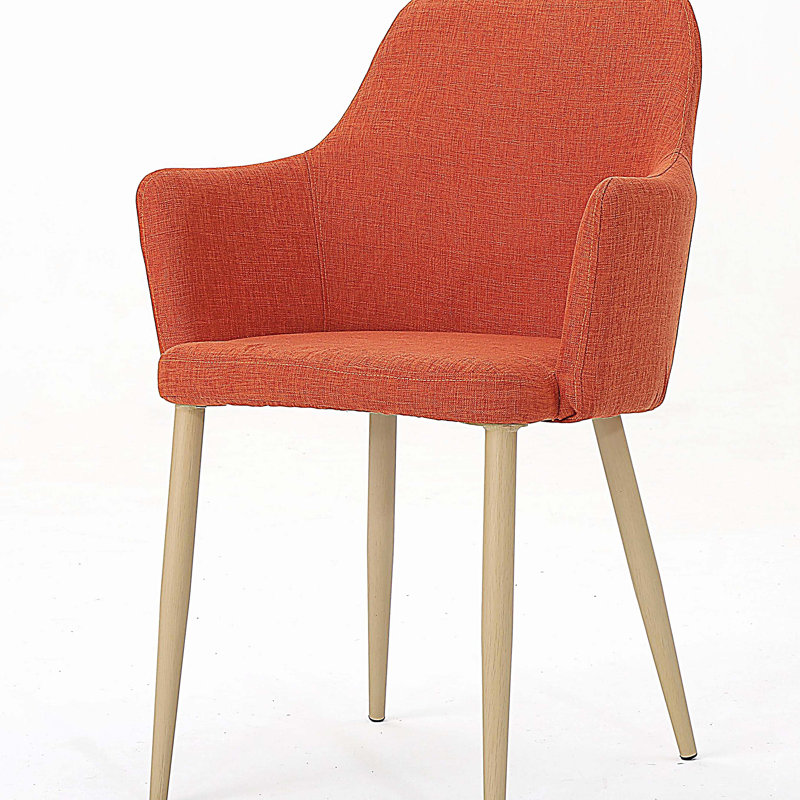 Ensemble de 2 fauteuils de salle à manger rembourrés en tissu Mid-Century modernes, orange pâle et noyer clair