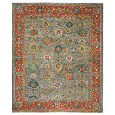 Tapis bleu en laine noué à la main 12 pi 3 po x 15 pi 3 po Oushak