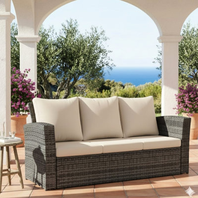 Canapé de patio 67,7 po à l'épreuve des intempéries avec coussins hauts épais, structure noire, convient aux petits balcons, coussins beiges faciles à nettoyer et fer à repasser moderne avec dossier haut confort