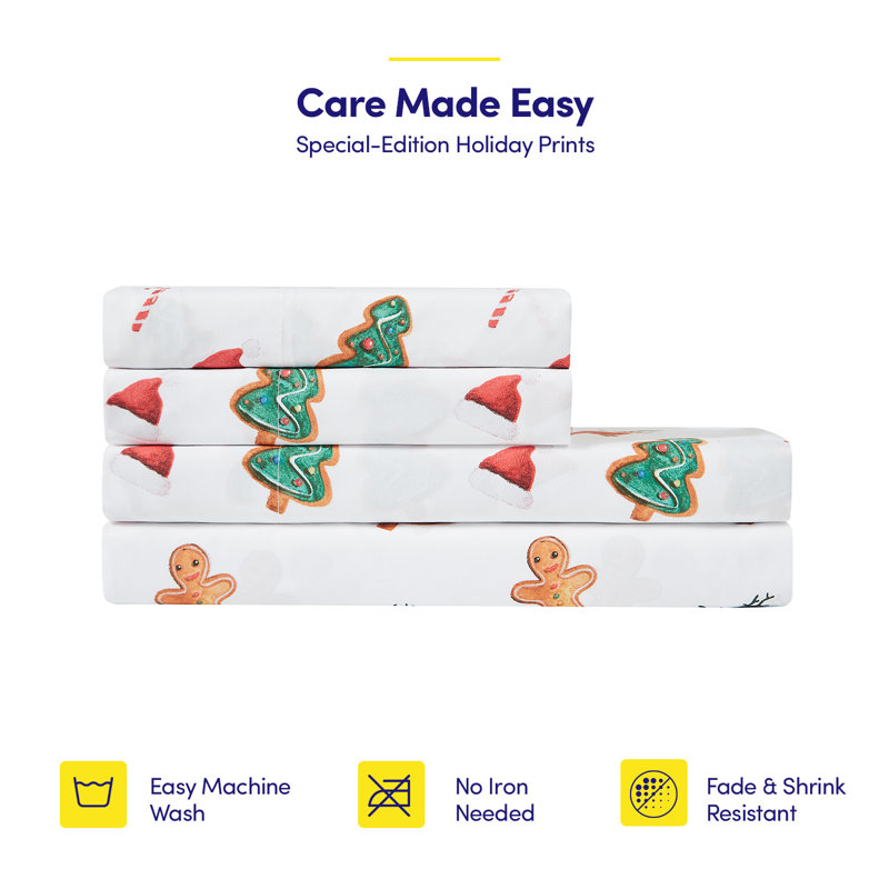 Printed Holiday 4Pc Sheet Sets, Easy Care, Soft & Wrinkle-Resistant Holiday Bedding - Holiday Cookies, California King
