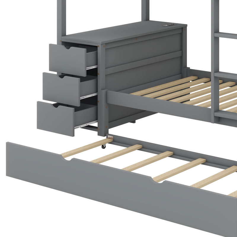 Bunk Bed With Trundle And Desk, White/Walnut, Twin Over Twin