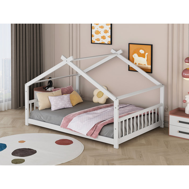 Aby House Platform Bed with Headboard and Footboard,Roof Design, White, Full