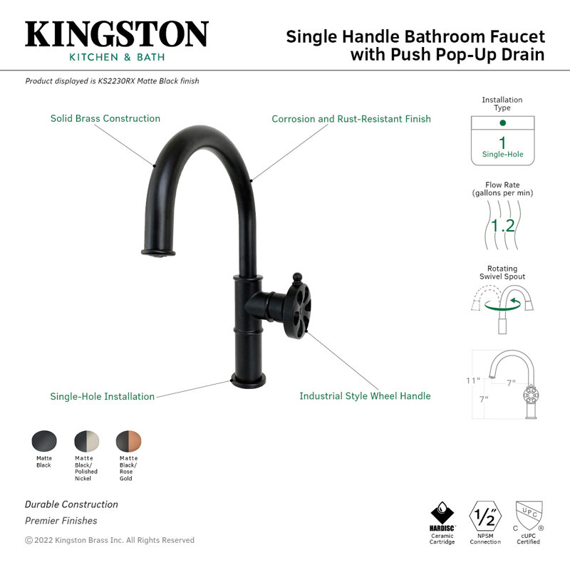 Robinet pour salle de bain à un trou avec ensemble de drain Eagan, Noir mat