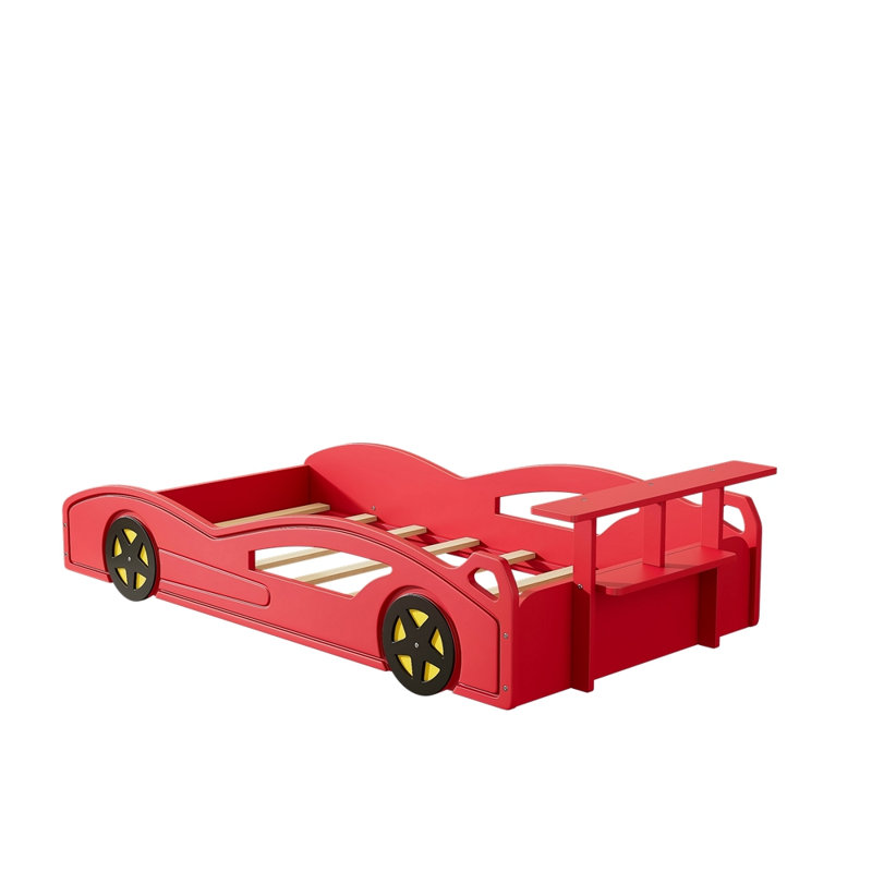 Wooden Race Car Bed,Car-Shaped Platform Twin Bed With Wheels For Teens, Red