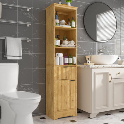 Bamboo Freestanding Bathroom Cabinet with Drawer, Bathroom Line Cabinet with Fluted Design