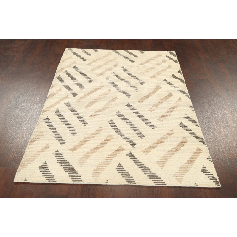 Tapis beige en laine noué à la main de conception unique 4 pi 1 po x 5 pi 10 po New Age