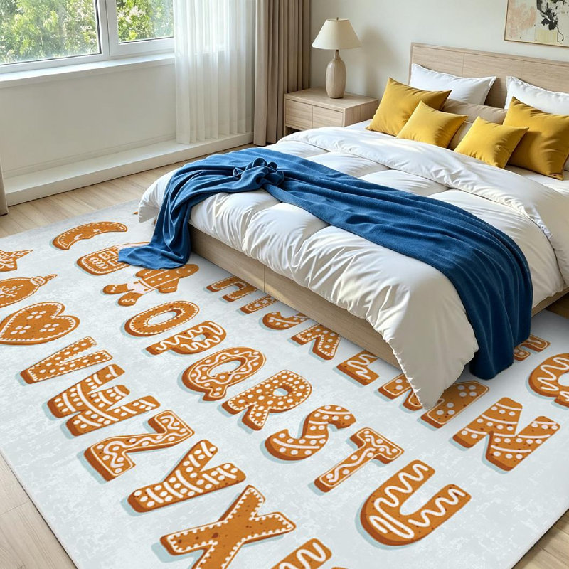 Tapis d'intérieur blanc lavable à la machine, motif alphabet et gingembre, Rectangle 71" x 98"