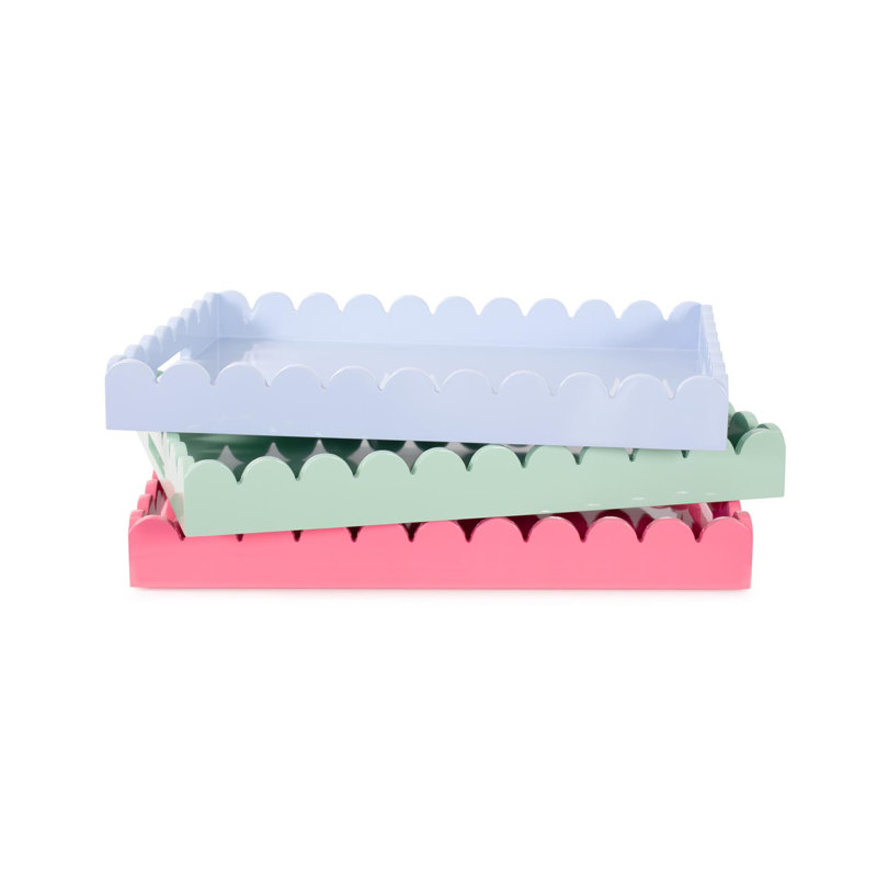 Hindley Hand-Crafted Rectangular Scalloped Wood Tray, Light Blue