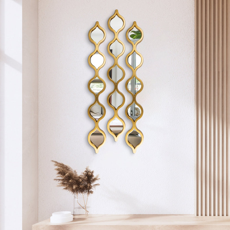 Hoscar 3 Piece Vertical Decorative Wall Mirror Set, Teardrop Mirrors Gold Acrylic Glass 35 inch
