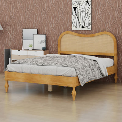 Mid-Century Modern Style  Bed Frame with Curved Rattan Cane Headboard