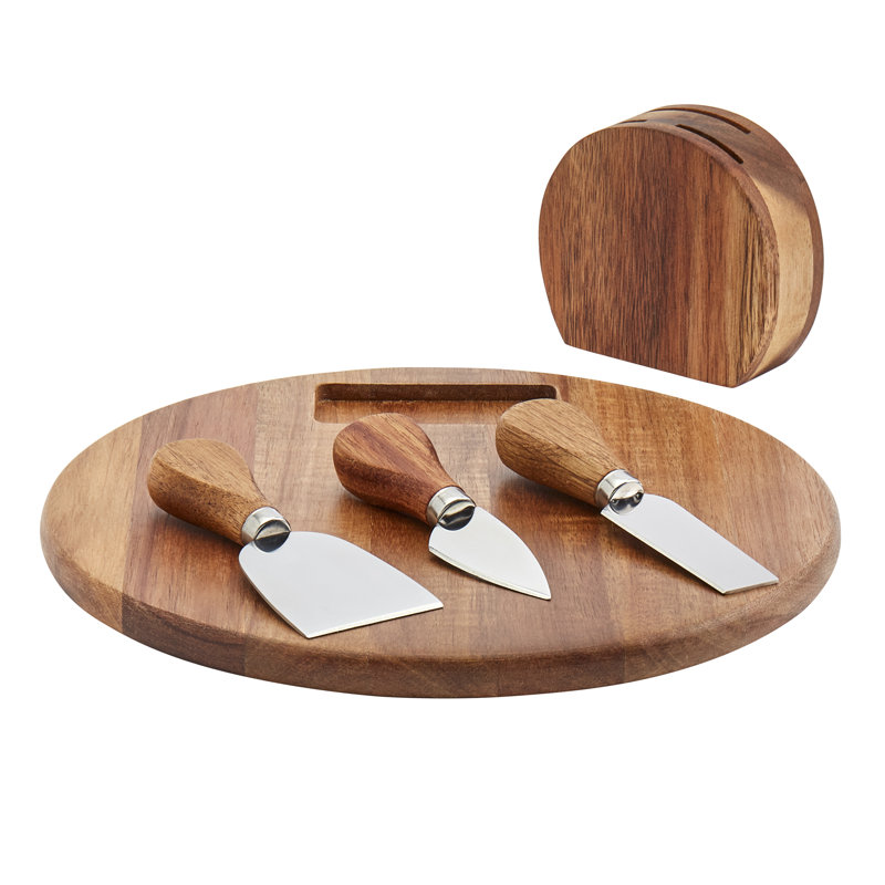Tabletops Gallery Tabletops Gallery Acacia Wood 5-piece Round Serving Board Set with Cheese Knives and Holding Block