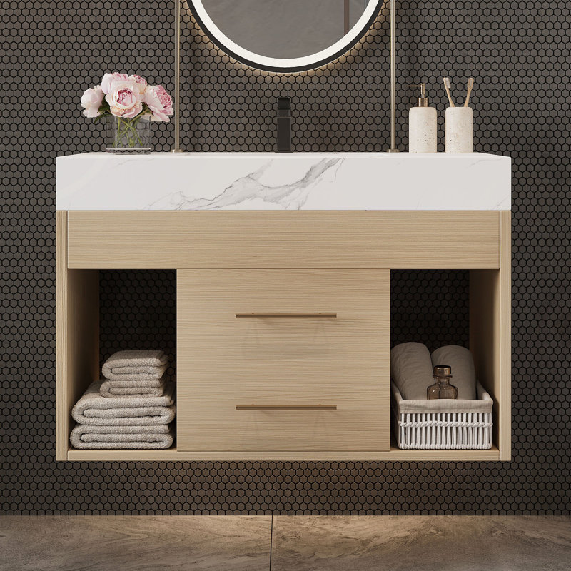 Ensemble de meuble-lavabo flottant 29,9 po avec lavabo sous-comptoir en céramique fritté et fixation murale pour petites salles de bain, appartement