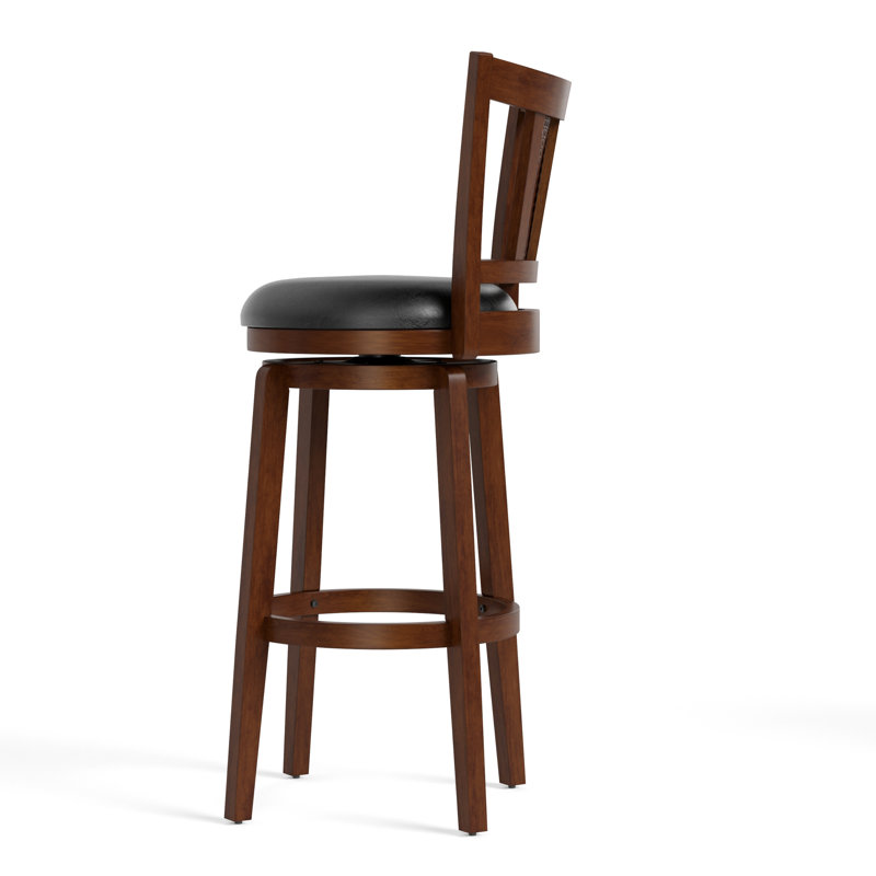 Avis 30" Traditional Upholstered Bar Stool with Faux Leather Swivel Seat and Rattan Back Rubber Wood Frame (Set of 4), 4