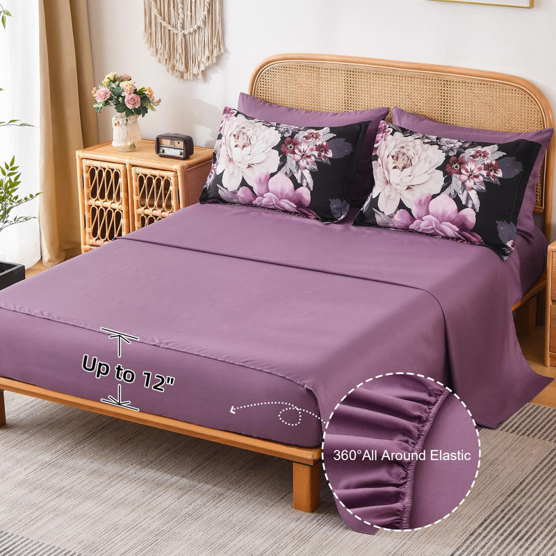 Ensemble d'édredon floral 7 pièces 7 pièces, Grand édredon et 6 pièces supplémentaires, Noir / mauve