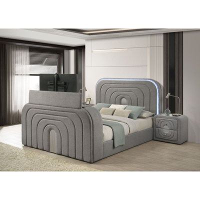 Shelyn Gray Teddy Sherpa & Chrome Valli Bed W/Led, TV Stand, Fireplace & Bluetooth