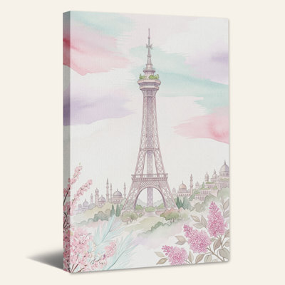 Aquarelle sur toile, Tour Eiffel et fleurs roses