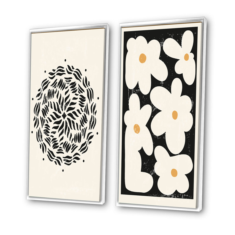 Minimal Retro Flowers I - ensemble de 2 impressions, H 32 po x l 32 po x P 1 po, Toile avec cadre blanc