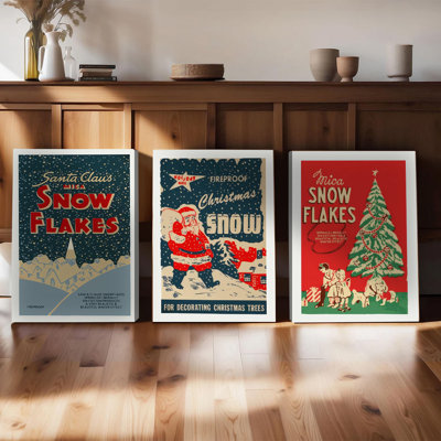 Ensemble de 3 affiches encadrées, style vintage, avec flocons de neige et décorations murales sur toile. Décoration murale rétro sur le thème du père Noël et de l'arbre de Noël, idéale pour les fêtes de fin d'année. Parfait pour le salon ou la chambre.